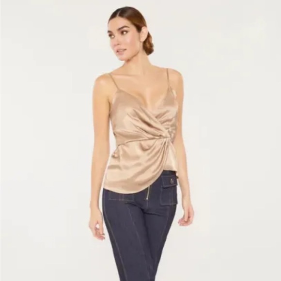 Cinq à Sept Women's Silk Mirin Draped Cinched Asymmetrical Camisole Tan Top XXS - Picture 3 of 8